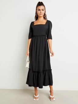 Styli - Black Square Neck Puff Sleeves A-line Maxi Dress