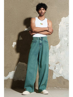 FREAKINS - Deep Jade Blue Men Baggy Straight Jeans