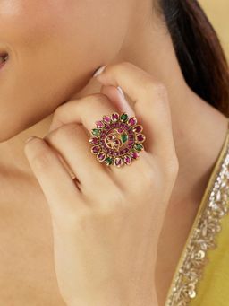 Indinoor - Multi-Colour Multicolour Temple Stone Gold Ring