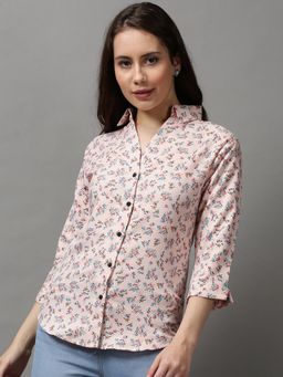 SHOWOFF - Women's Spread Collar Printed Peach Polyester Shirt