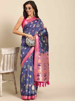 Silk Land - Womens Kalamkari Print Navy Blue Regal Weave Silk Saree with Unstitched Blouse