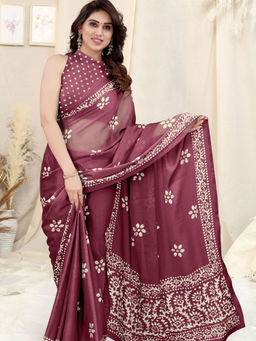 Odette - Partywear Magenta Printed Chinon Chiffon Saree with Unstitched Blouse for Women