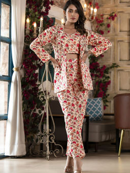 Odette - Cream Satin Printed Co Ord for Women (Set of 3)