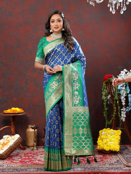 Odette - Blue Patola Silk Woven Saree with Unstitched Blouse for Women