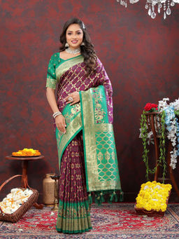Odette - Violet Patola Silk Woven Saree with Unstitched Blouse for Women