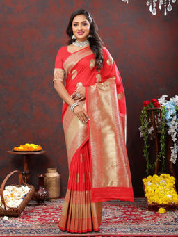 Odette - Red Silk Woven Saree with Unstitched Blouse for Women