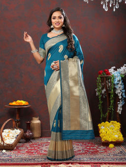 Odette - Teal Silk Woven Saree with Unstitched Blouse for Women