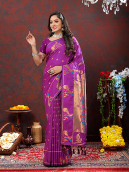 Odette - Purple Pathani Silk Woven Saree with Unstitched Blouse for Women