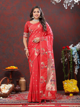 Odette - Red Pathani Silk Woven Saree with Unstitched Blouse for Women