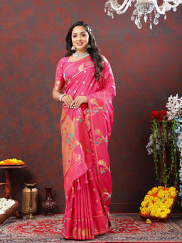 Odette - Pink Pathani Silk Woven Saree with Unstitched Blouse for Women