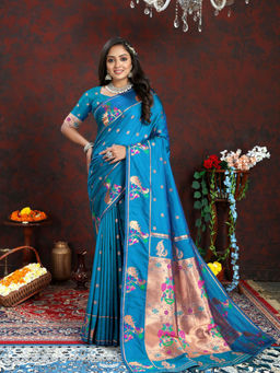 Odette - Teal Pathani Silk Woven Saree with Unstitched Blouse for Women