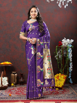 Odette - Violet Pathani Silk Gold Zari Woven Saree with Unstitched Blouse for Women