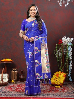 Odette - Royal Blue Pathani Silk Gold Zari Woven Saree with Unstitched Blouse for Women