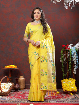Odette - Yellow Pathani Silk Gold Zari Woven Saree with Unstitched Blouse for Women