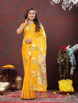 Odette - Mustard Pathani Silk Gold Zari Woven Saree with Unstitched Blouse for Women