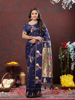 Odette - Navy Blue Pathani Silk Gold Zari Woven Saree with Unstitched Blouse for Women