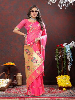 Odette - Pink Pathani Silk Gold Zari Woven Saree with Unstitched Blouse for Women