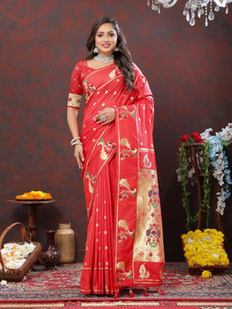 Odette - Red Pathani Silk Gold Zari Woven Saree with Unstitched Blouse for Women
