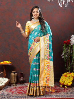 Odette - Teal Organza Woven Saree with Unstitched Blouse for Women