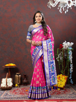 Odette - Pink Organza Woven Saree with Unstitched Blouse for Women