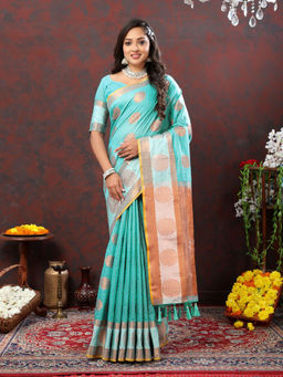 Odette - Blue Cotton Blend Woven Saree with Unstitched Blouse for Women