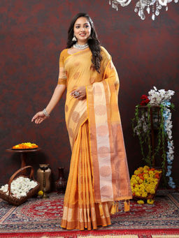 Odette - Mustard Cotton Blend Woven Saree with Unstitched Blouse for Women