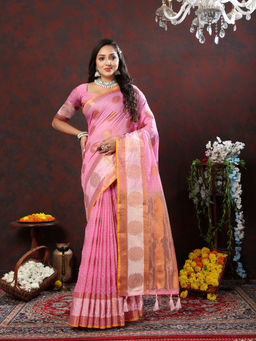Odette - Pink Cotton Blend Woven Saree with Unstitched Blouse for Women