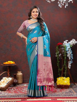 Odette - Blue Silk Woven Saree with Unstitched Blouse for Women