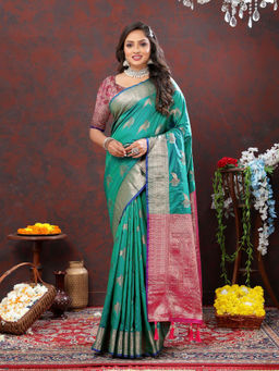 Odette - Sea Green Silk Woven Saree with Unstitched Blouse for Women