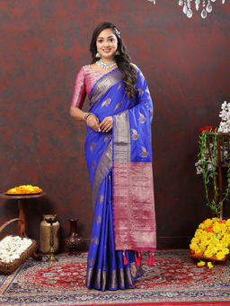 Odette - Royal Blue Silk Woven Saree with Unstitched Blouse for Women