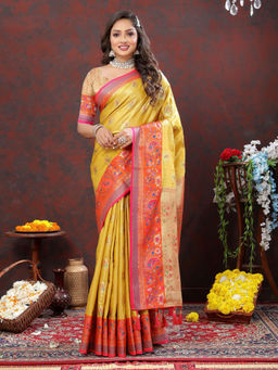 Odette - Yellow Kanjivaram Silk Woven Saree with Unstitched Blouse for Women