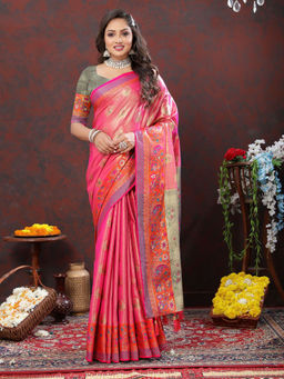 Odette - Pink Kanjivaram Silk Woven Saree with Unstitched Blouse for Women
