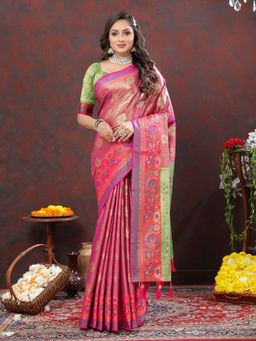 Odette - Pink Kanjivaram Silk Woven Saree with Unstitched Blouse for Women