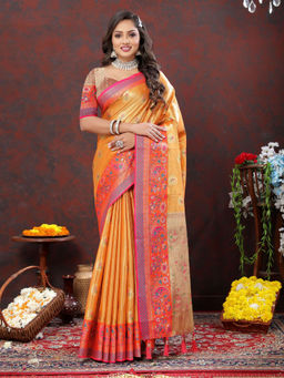 Odette - Orange Kanjivaram Silk Woven Saree with Unstitched Blouse for Women