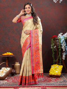 Odette - Cream Kanjivaram Silk Woven Saree with Unstitched Blouse for Women