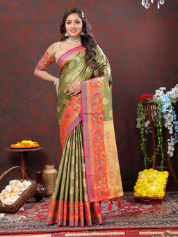 Odette - Olive Kanjivaram Silk Woven Saree with Unstitched Blouse for Women