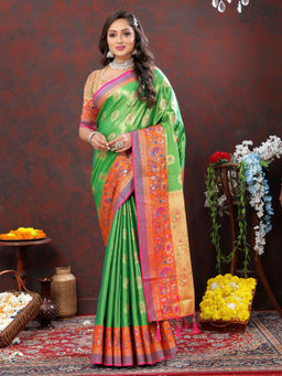 Odette - Green Kanjivaram Silk Woven Saree with Unstitched Blouse for Women