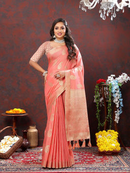 Odette - Peach Cotton Blend Woven Saree with Unstitched Blouse for Women