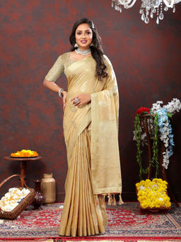 Odette - Cream Cotton Blend Woven Saree with Unstitched Blouse for Women