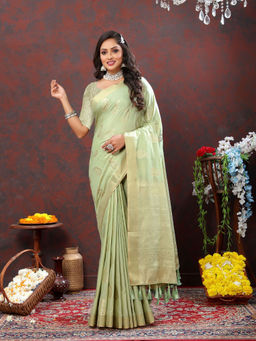 Odette - Light Green Cotton Blend Woven Saree with Unstitched Blouse for Women