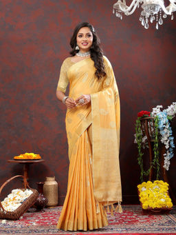 Odette - Yellow Cotton Blend Woven Saree with Unstitched Blouse for Women