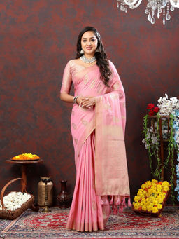 Odette - Pink Cotton Blend Woven Saree with Unstitched Blouse for Women