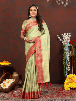 Odette - Light Green Cotton Blend Woven Saree with Unstitched Blouse for Women