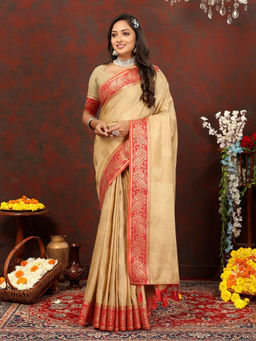 Odette - Cream Cotton Blend Woven Saree with Unstitched Blouse for Women