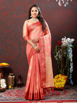 Odette - Peach Cotton Blend Woven Saree with Unstitched Blouse for Women
