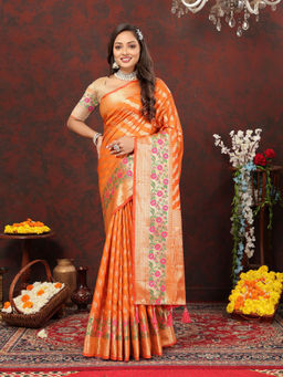 Odette - Orange Silk Gold Zari Woven Saree with Unstitched Blouse for Women
