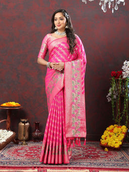 Odette - Pink Silk Gold Zari Woven Saree with Unstitched Blouse for Women