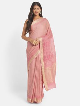 Fabindia - Pink Cotton Hand Block Printed Saree without Blouse