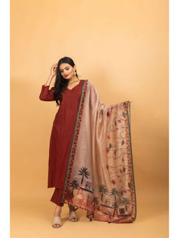 Ekana Label - Pankajini Maroon Pichwai Kurta with Pant and Dupatta (Set of 3)