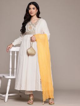 Aarke Ritu Kumar - Off White Sadira Anarkali Kurta with Pant and Dupatta (Set of 3)